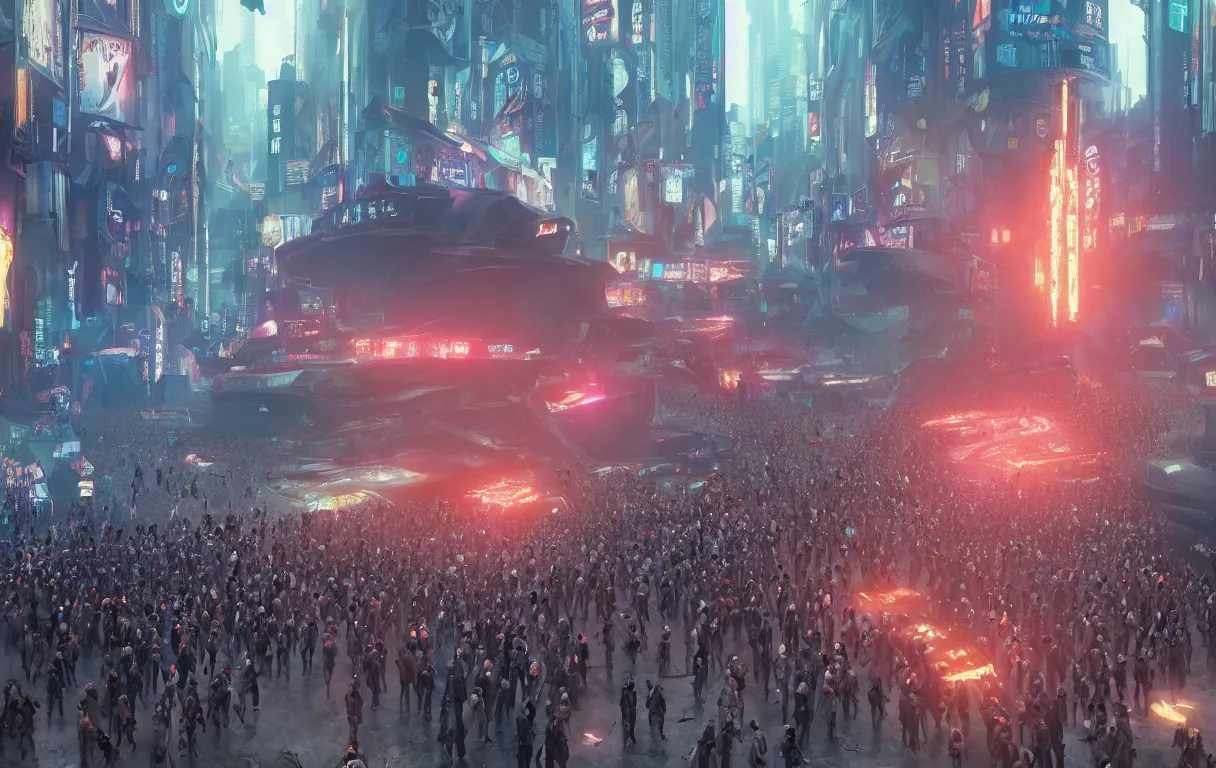 Image similar to photograph a crowd of people surrounding a giant female biomorphic cyborg in middle of futuristic blade runner 2 0 4 9 seoul korea, by jean moebius giraud, beeple, greg rutkowski. octane render. in the style of the fifth element, cyberpunk 2 0 4 9.