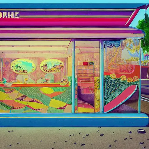 Image similar to psychedelic beachfront fast food restaurant by simon stalenhag