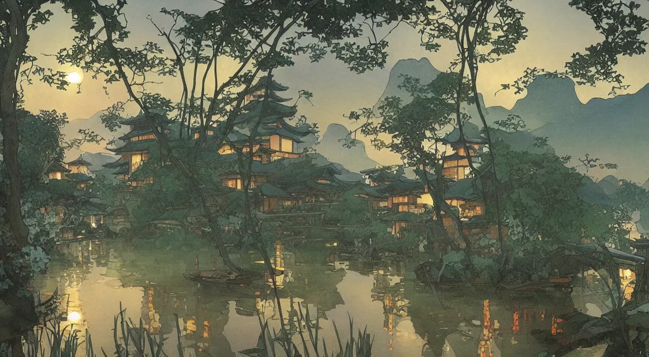 Prompt: A beautiful landscape painting of a small japanese village by a lake at night by Alfons Maria Mucha and Julie Dillon and Makoto Shinkai