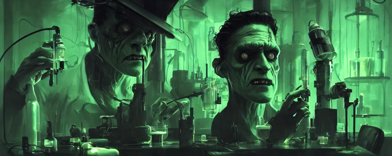 Prompt: duotone noir dark ghastly green concept illustration 3 / 4 portrait of frankenstein with experiments in laboratory. cinematic scene film noir. volumetric lighting. golden rario accidental renaissance. by sachin teng and sergey kolesov and ruan jia and heng z. graffiti art, scifi, fantasy, hyper detailed. octane render. concept art. trending on artstation