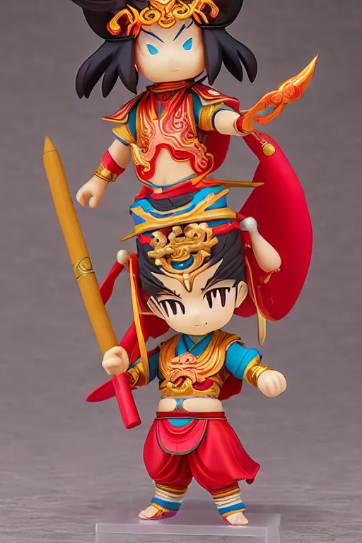Image similar to arty chinese mythology ne zha nendoroid full body hyperdetalied, hero action pose, osamu tezuka, macoto takahashi, chibi, q posket, 8 k realistic, 3 d, cryengine, exquisite, red cloth around his shoulders, hold spear, ne zha ( 2 0 1 9 ), fenghua zhong,