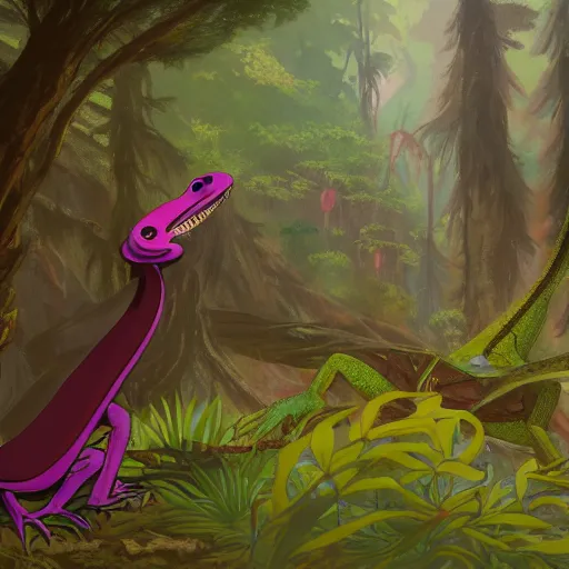 Image similar to concept art painting of an anthropomorphic lizard wearing magenta wizard robes, in the deep forest, realistic, detailed, cel shaded, in the style of makoto shinkai and greg rutkowski and james gurney