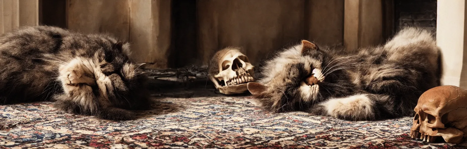 Image similar to a beautiful hairy cat sleeping next to a skull on an old carpet next to a fireplace, 4K, photorealistic, cinematic, moody fireplace lighting, UHD, HDR