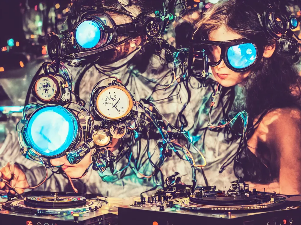 Image similar to a person wearing goggles and visor and headphones using a steampunk record player contraption, wires and tubes, turntablism dj scratching, intricate planetary gears, cinematic, imax, sharp focus, leds, bokeh, iridescent, black light, fog machine, hazy, lasers, hyper color digital art, cyberpunk