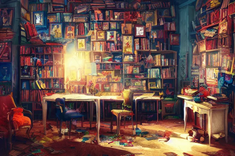 Prompt: a french style room , teenage style, books, posters, messy, indoor scene, beautiful, realistic, design, 8k, highly detailed, light effect, vibrant, colorful, artstation
