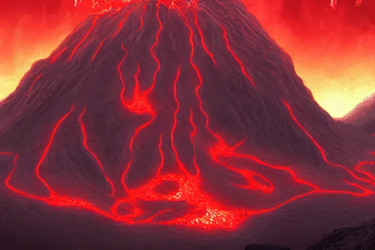 Prompt: red themed lava mountain landscape, miyazaki, cinematic, die hard, marvel, disney, indie, highly detailed, featured on artstation, highly detailed, epic