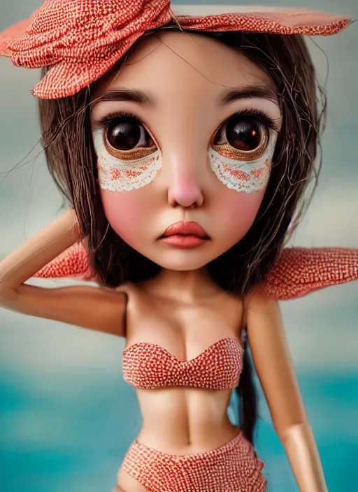 Image similar to closeup portrait of tin toy girl bunny bikini, depth of field, zeiss lens, detailed, symmetrical, centered, fashion photoshoot, by nicoletta ceccoli, mark ryden, lostfish, breathtaking, 8 k resolution, extremely detailed, beautiful, establishing shot, artistic, hyperrealistic, octane render