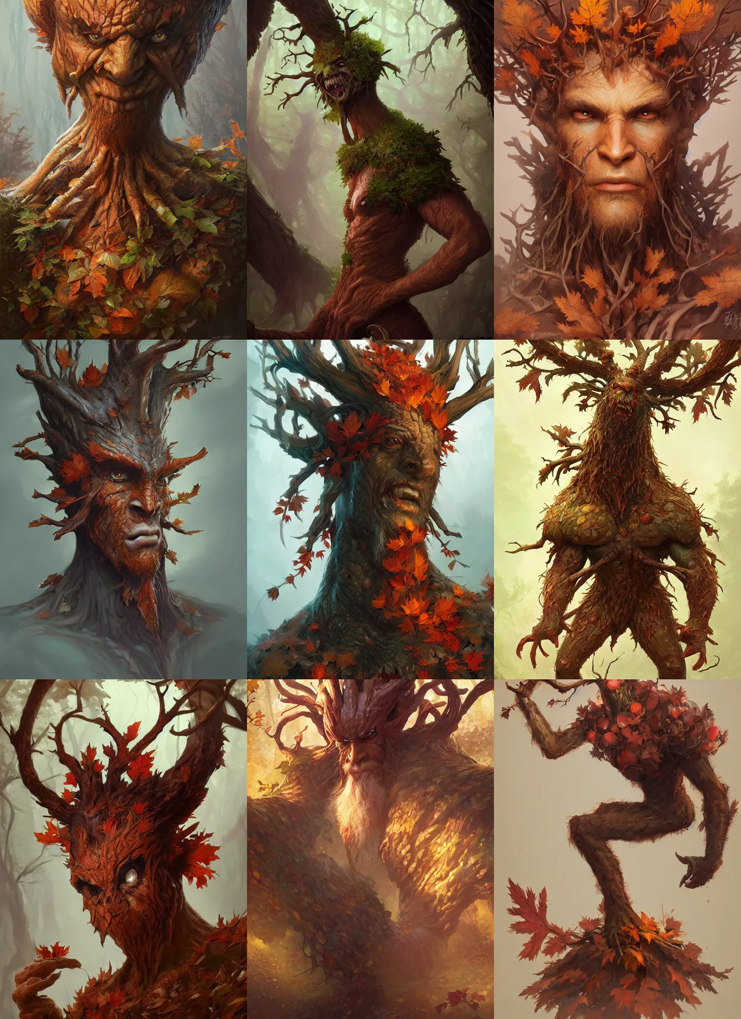 Image similar to autumnal treant, d & d, fantasy, portrait, highly detailed, digital painting, trending on artstation, concept art, sharp focus, illustration, art by artgerm and greg rutkowski and magali villeneuve