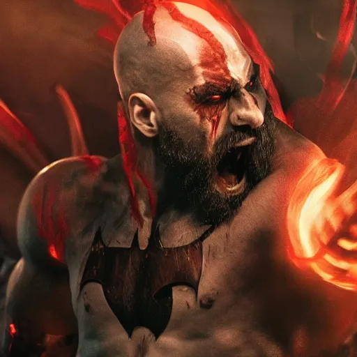 Prompt: film still of kratos as a demon in hell in the new batman movie, sharp focus, artstation