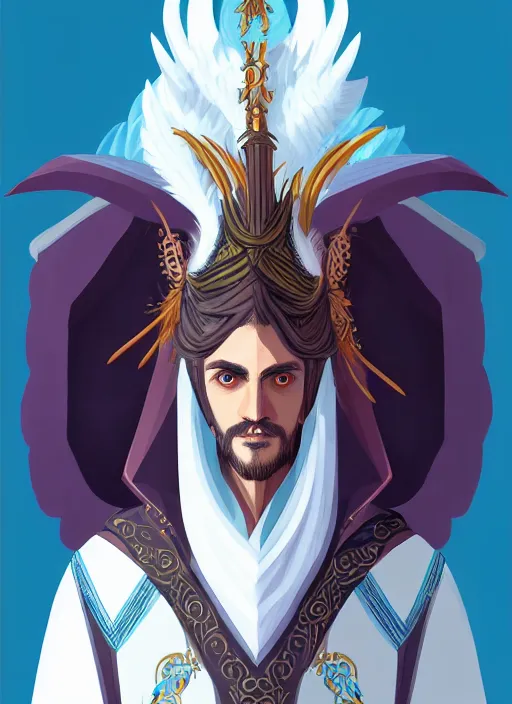 Image similar to male warlock with the head of a hawk, wind magic, blue robes, exquisite details, full body character design, white background, by studio muti