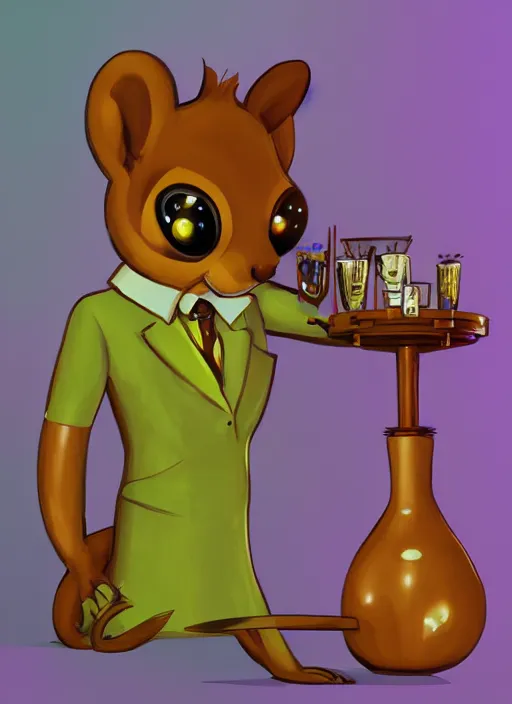 Prompt: squirrel anthro as a dapper bartender with a big fluffy tail, retro futurism, art deco, detailed painterly art style, 🐿🍸🍋, furaffinity, trending on artstation
