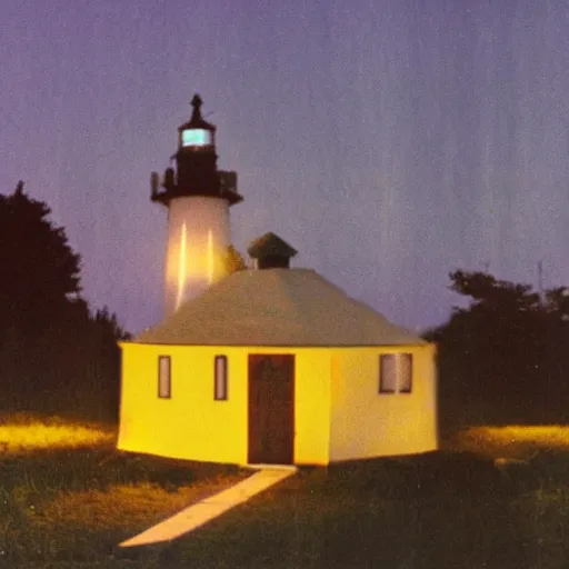 Image similar to 1985 photo of an alien lighthouse at night, surrounded by mosquitoes and evil