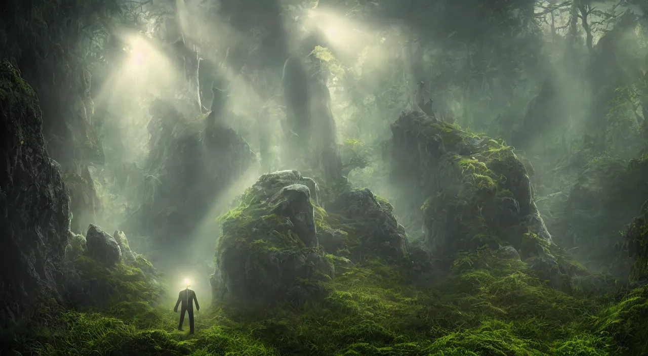 Image similar to photorealistic matte painting of mr burns of the simpsons standing far in misty overgrowth undergrowth jagged rock features volumetric fog light rays high contrast dawn