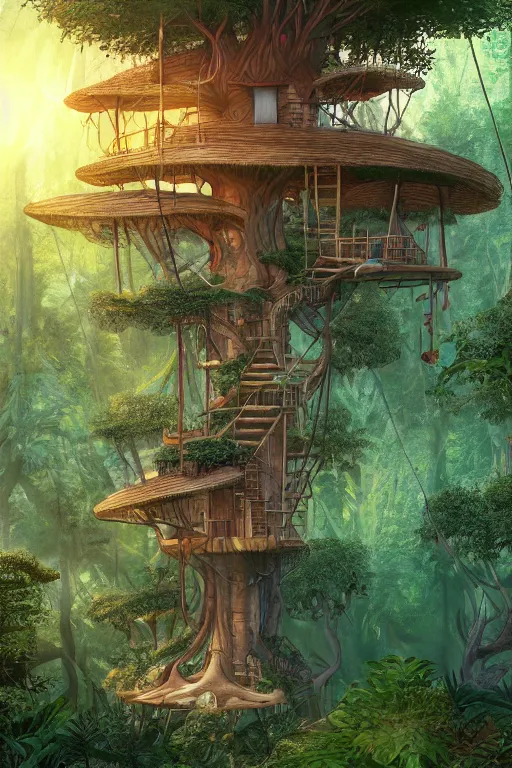 Prompt: a tree house in the jungle, big mushroom, sunshine, by alba ballesta gonzalez and moebius. 4 k wallpaper, digital 2 d, comic, illustration, extremely detailed, cinematic lighting, smooth sharp focus.