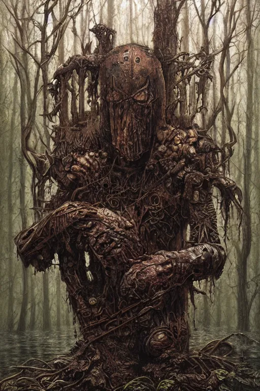 Image similar to a rusted swamp knight contorted with wood and sludge by tomasz alen kopera.