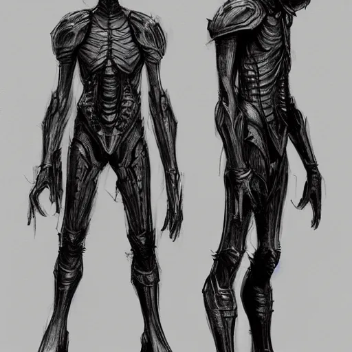 Prompt: concept art, long thin legs, large shoulders, concept design, sketch, male, science fiction suit, helmet, arthur rackham, trending on artstation