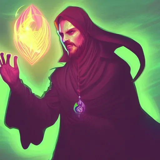 Image similar to a warlock is casting a magic spell while with magic orb floating in his hand , dynamic pose, chromatic aberration , medium level shot, Mucha style , Grim fantasy, illustration ,concept art,