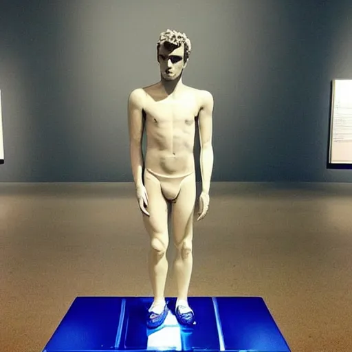 Image similar to “ a realistic detailed photo of a guy who is an attractive humanoid who is half robot and half humanoid, who is a male android, soccer player antoine griezmann, shiny skin, posing like a statue, blank stare, at the museum, on display ”