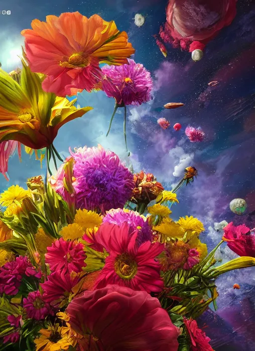 Image similar to An epic fantastic realism comic book style painting of the most beautiful flowers launched into space, bouquets, fisheye lens, unreal 5, DAZ, hyperrealistic, octane render, dynamic lighting