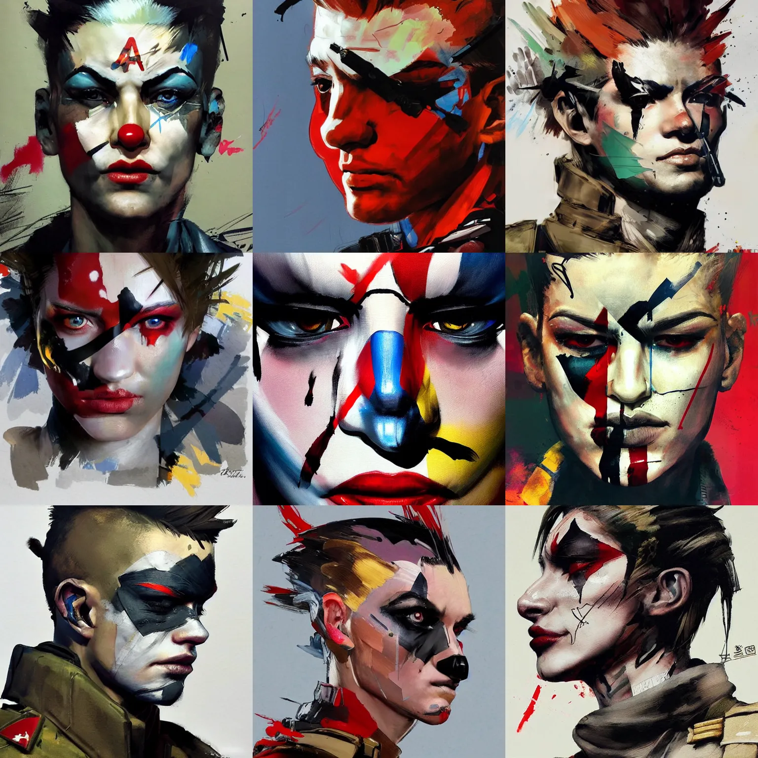 Prompt: a beautiful side portrait painting of a soldier. the soldier wears makeup like a clown. art by yoji shinkawa and sandra chevrier, trending on artstation, award - winning, perfect composition.