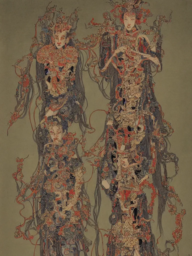 Image similar to ancient chinese zombies with luxuriant full - body official clothes of the qing dynasty, a incredible symmetrical concept design, psychedelic, highly detailed upper body, by mucha, hr giger, zdzislaw