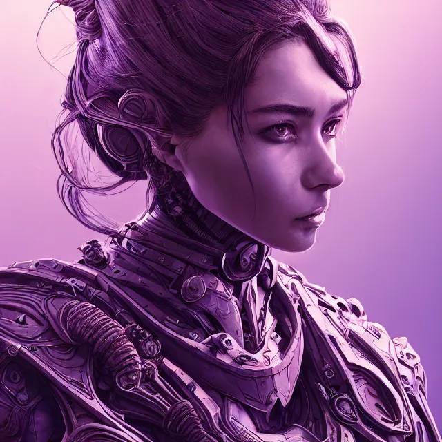 Image similar to facial portrait of a woman in powerful purple sci - fi armor with a black ponytail, elegant, stoic, intense, ultrafine hyperdetailed illustration by kim jung gi, irakli nadar, intricate linework, sharp focus, bright colors, octopath traveler, final fantasy, hearthstone, highly rendered, global illumination, radiant light, detailed, intricate environment