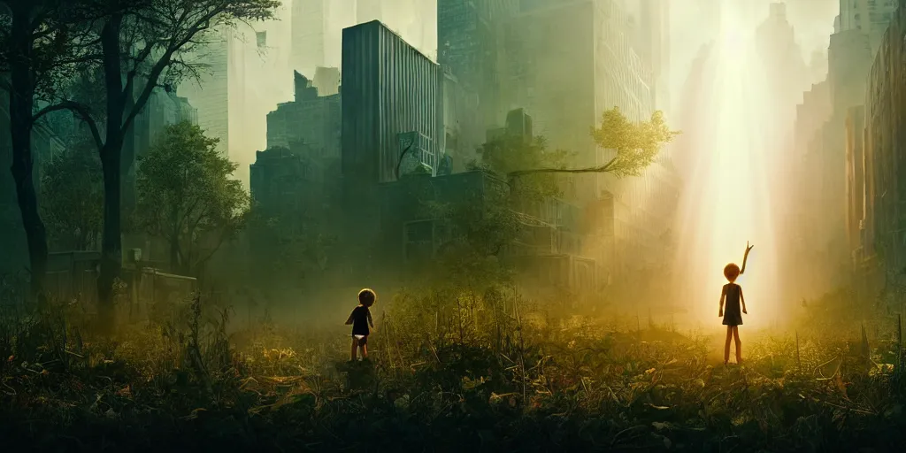 Image similar to textless sci - fi scene future overgrown new york city street, little girl alone in manhattan holding the left hand of giant robot, forest punk, crepuscular rays, epic scene, hyper realistic, photo realistic, overgrowth, cinematic atmosphere, ethereal lighting,