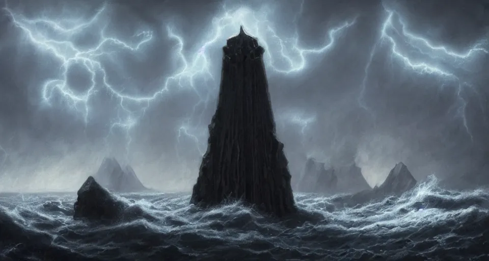 Prompt: black lovecraftian eldritch!! obsidian obelisk!! on a snowy island surrounded by raging stormy seas, with a large shadow of a creature in the background by eugene von guerard, ivan shishkin, night, red lightning!!, storm!, dramatic lighting, concept art, trending on artstation, 8 k