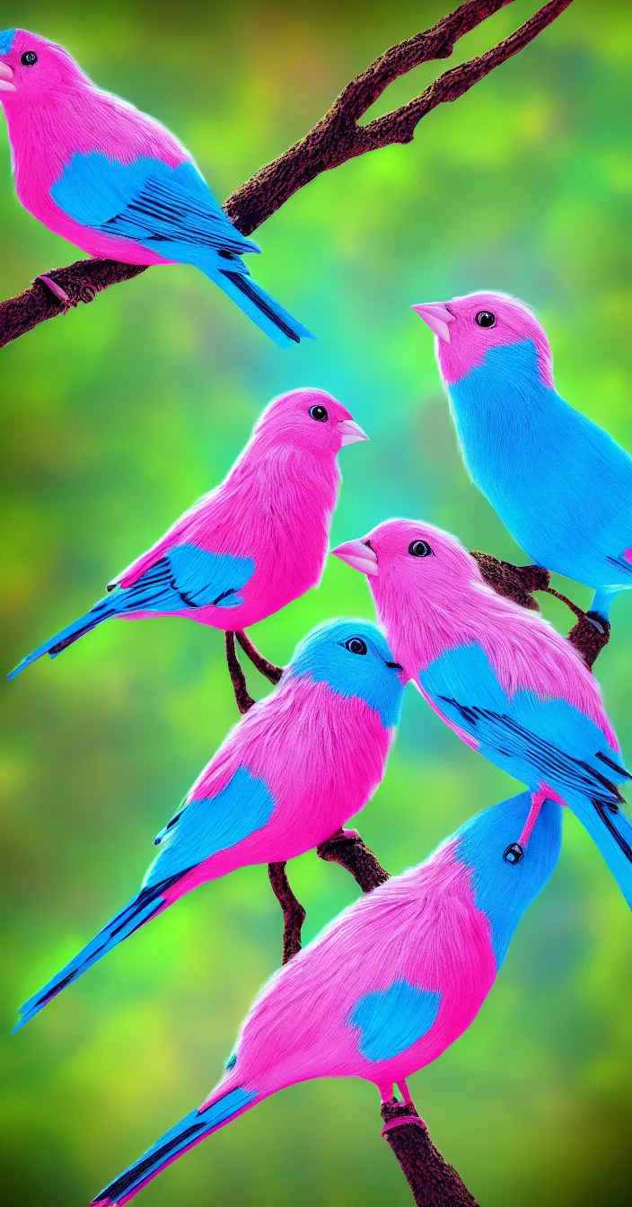 Prompt: highly detailed realistic photo of pink and blue colored birds sitting on tree, green smooth background, vibrant colors, award winning masterpiece photography, hyper realistic, concept art, 8 k detail post - processing