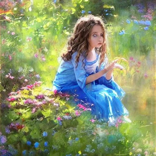 Prompt: a little girl with short curly light brown hair and blue eyes sitting in a lovely garden. beautiful painting by raymond swanland and magali villanueve, beautiful detailed face.