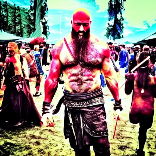 Prompt: kratos at music festival, instagram post 2015 filter