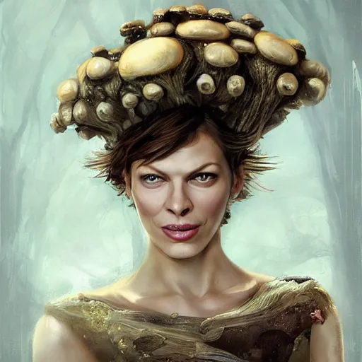 Image similar to doctor octavius as an attractive young smiling woman played by milla jovovich wearing a mushroom crown and heavy armoured wedding dress, face portrait, hd shot, digital portrait, elegant, beautiful, fantasy art, artstation, comic style, by artgerm, guy denning, jakub rozalski, magali villeneuve and charlie bowater