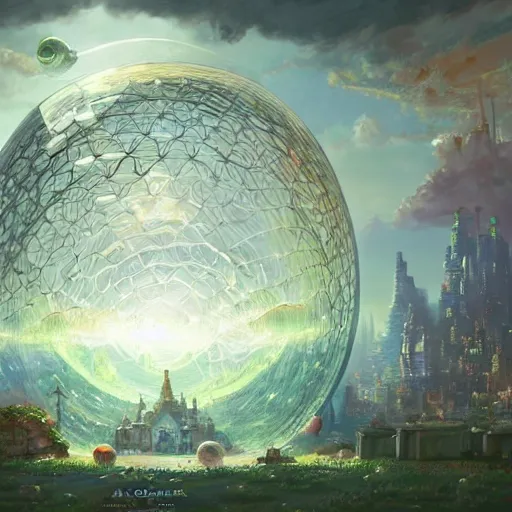 Image similar to a bubble terrarium utopia, with cities galore, dynamic lighting, fantasy concept art, trending on art station, stunning visuals, creative, cinematic, ultra detailed