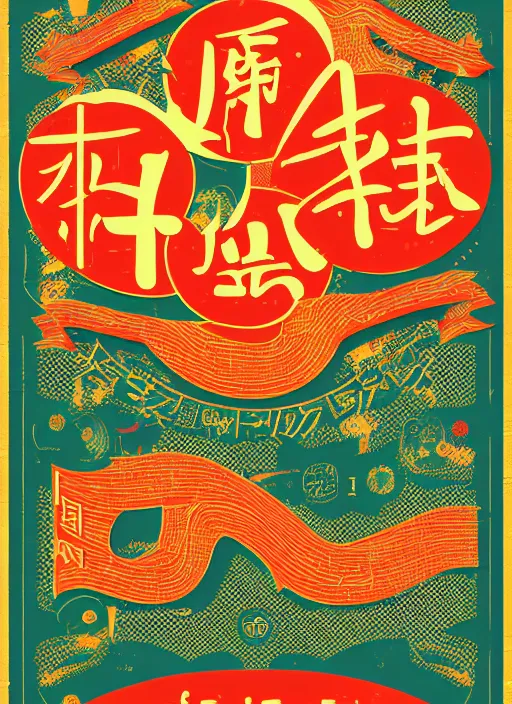 Prompt: poster design with bright and colourful vintage typographic japanese katakana, layout design, illustrator vector graphics