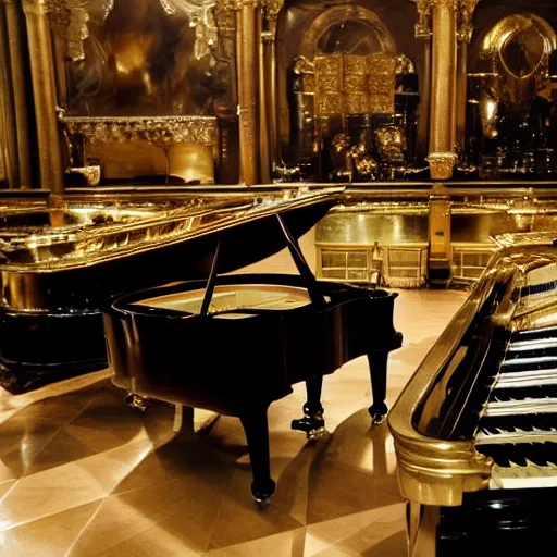 Image similar to A grand piano in a large room full of gold and silver instruments,