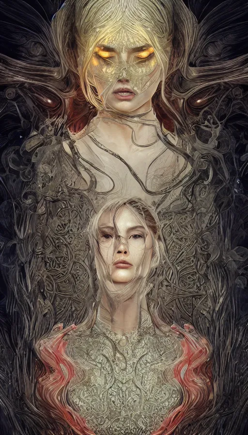 Image similar to cries and whispers, fame of thrones, lord of daggers, neon, fibonacci, sweat drops, intricate fashion clothing, insane, intricate, highly detailed, surrealistic, digital painting, artstation, concept art, smooth, sharp focus, illustration, Unreal Engine 5, 8K, art by artgerm and greg rutkowski and alphonse mucha