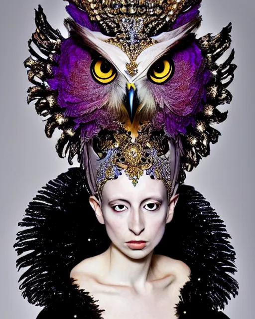 Prompt: a fantasy owl queen, beauty portrait, opulent costume inspired by iris van herpen