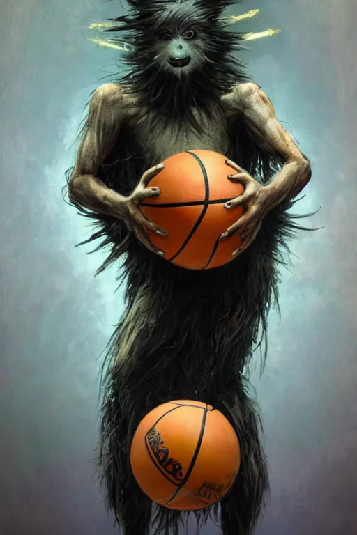 Prompt: surreal 4k HD digital full body portrait of humanoid basketball, white hair mohawk, black paper, b-ball monster, arms and legs on spherical humanoid creature, basketball pustules, by Alphonse Mucha, Craig Mullins, Marc Simonetti, Artstation