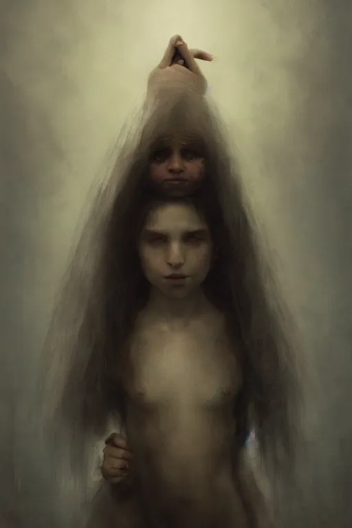 Prompt: breathtaking detailed soft painting of my beggar girlfriend, monstrous child, tying herself with her impossible voice, flattering only this vile despair, rembrandt style, elegant, highly detailed, artstation, concept art, matte, sharp focus, art by tom bagshaw, and greg rutkowski