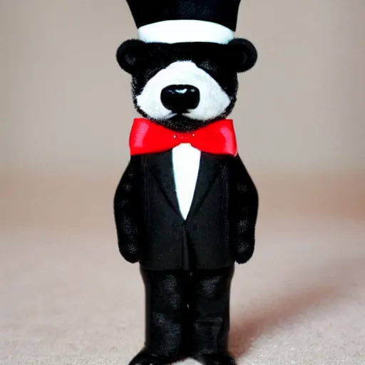 Image similar to badger wearing black tuxedo, red tie and a black tophat with a white stripe