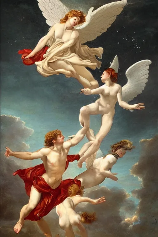 Image similar to angel falling to andromeda, very high resolution images, very fine details, looks very realistic, rennaissance style painting, drawn by yulia iosilzon, and simone graci, plus a touch from raden saleh within the depth of color and emotion