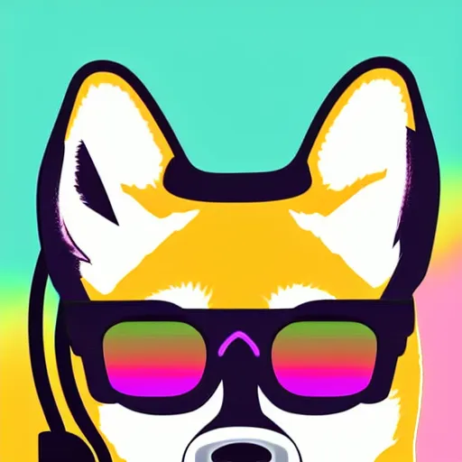 Prompt: a closeup of a shiba inu face with headphones and sunglasses in retro colors, synthwave style, 2 d digital vector art