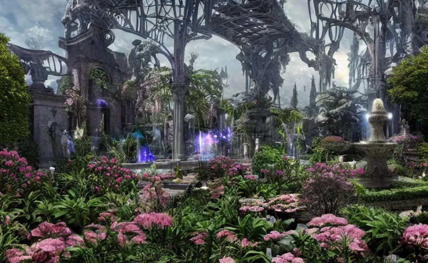 Image similar to A beautiful garden, next to a fountain and a mystical palace, hyperrealistic mixed media, stunning 3d render inspired art by P. Craig Russell and Barry Windsor-Smith + perfect facial symmetry + dim volumetric lighting, 8k octane beautifully detailed render, post-processing, extremely hyperdetailed, intricate futuristic mechanic parts, epic composition, grim yet sparkling atmosphere, cinematic lighting + masterpiece, trending on artstation