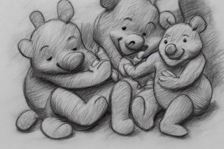 Image similar to winnie the pooh and tigger eating piglet, pencil sketch, high detail, hyper realistic,