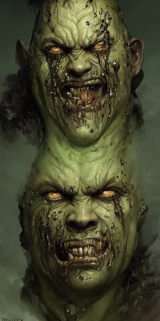 Prompt: Facial portrait. Nurgle, looking at the camera, disgusted. fear inspiring mood, intimidating, extremely detailed painting. by Greg Rutkowski and by Henry Justice Ford and by Steve Henderson.