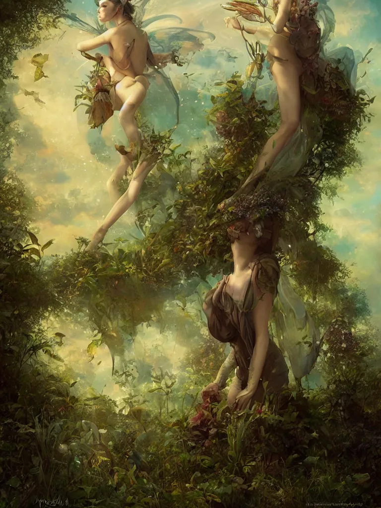 Image similar to a solarpunk very very very beautiful lush landscape of a the most beautiful nymph in a field are of broken stone words, hyperrealistic, award-winning, masterpiece, in the style of Tom Bagshaw, Cedric Peyravernay, Peter Mohrbacher