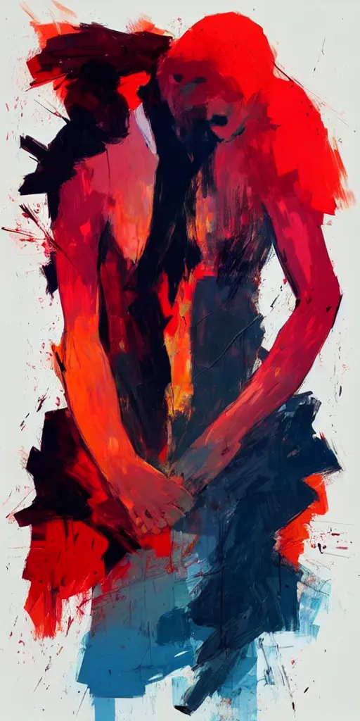 Image similar to abstract flowing brush strokes, stylized, torso of one!!! athletic man posing dramatically with no face in the center of the frame, by conrad roset, dark background, painting trending on artstation