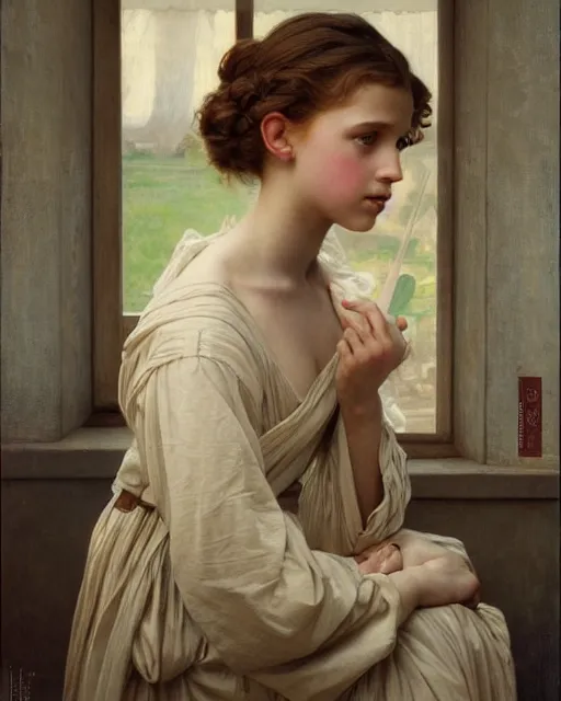 Prompt: a window - lit realistic portrait painting of a thoughtful girl resembling a young, shy, redheaded alicia vikander or millie bobby brown as an ornately dressed princess from the latest star wars movie, highly detailed, intricate, by bouguereau, alphonse mucha, and donato giancola