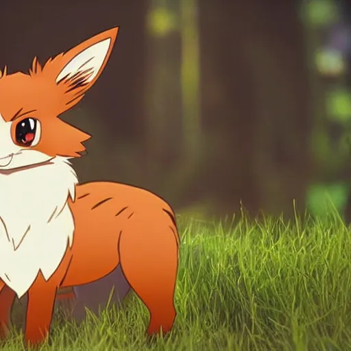 Prompt: Eevee, the fox-like evolution Pokemon, looking at you curiously from a grassy field 🖌️📺