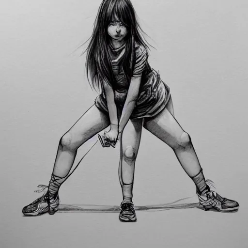 Prompt: hyperrealistic, detailed, cute petite girl, pose, ink, line art by Kim Jung gi